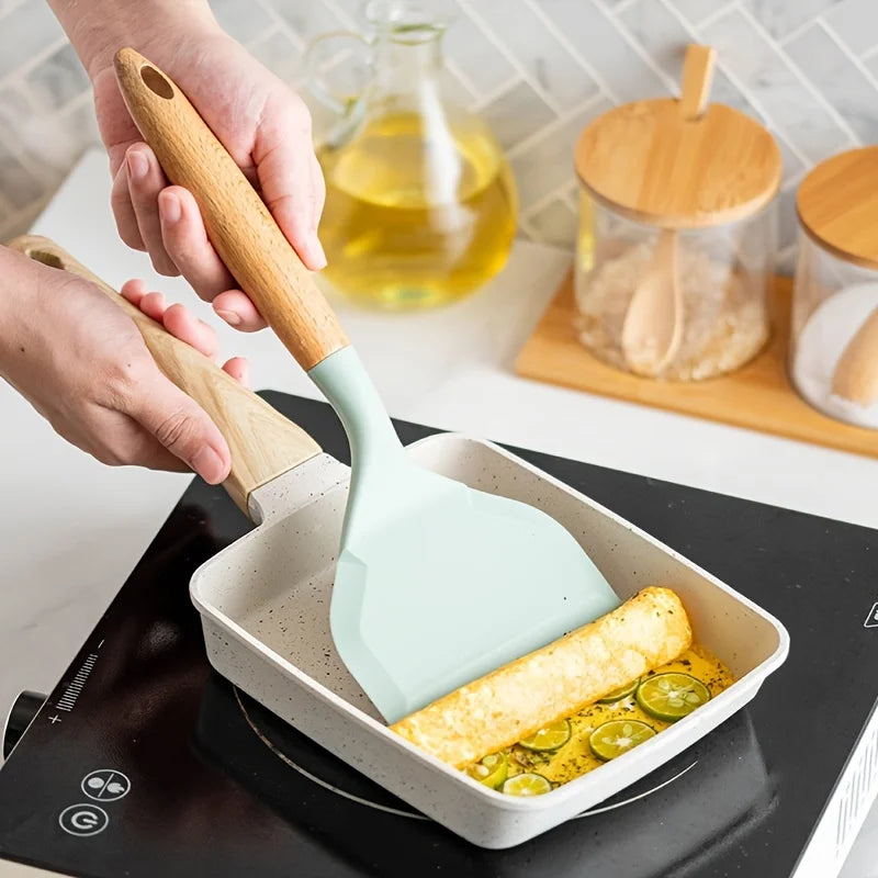 Japanese Tamagoyaki Silicone Turner with Wooden Handle Silicone Kitchen Turner Nixie