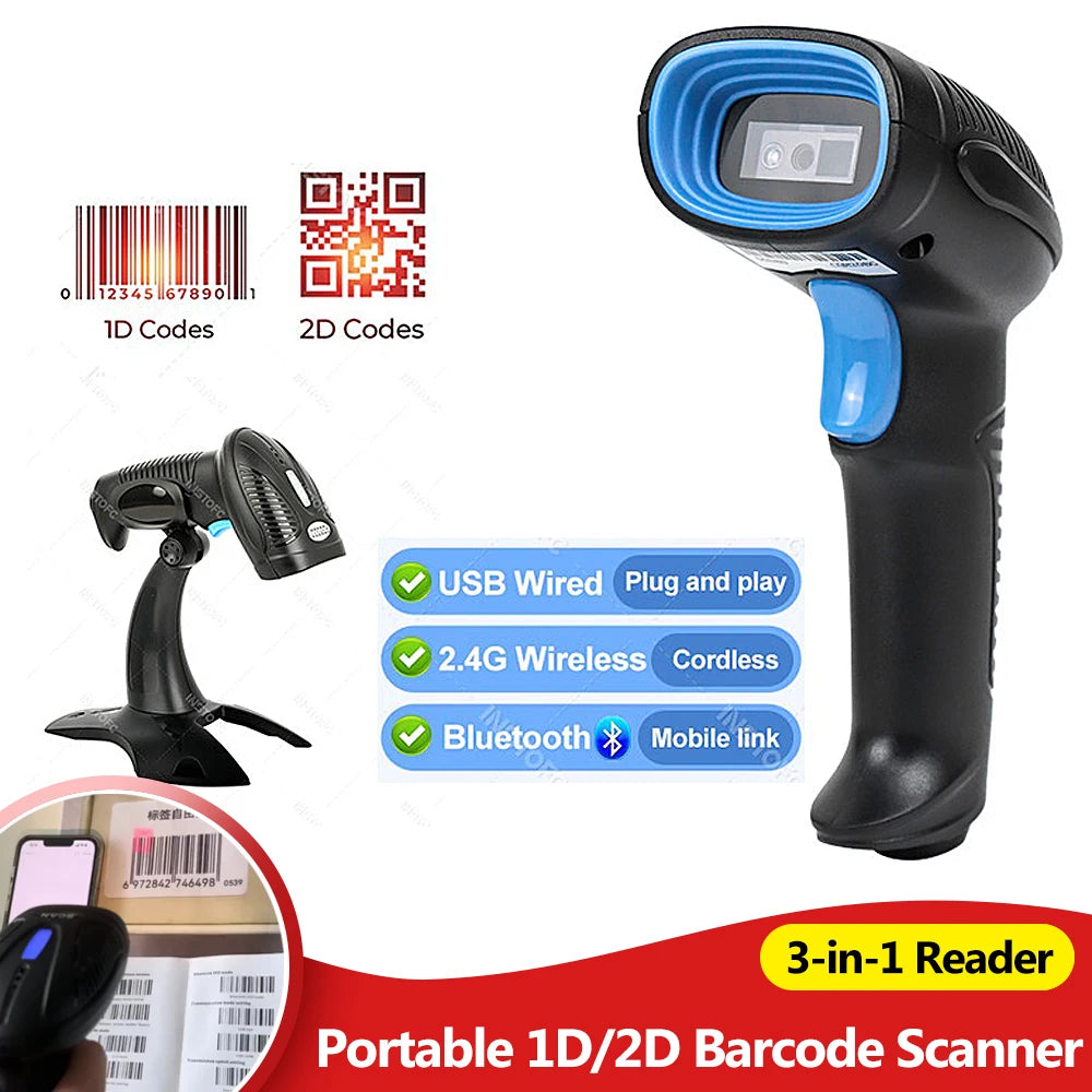 INSTOFC 3-in-1 1D 2D Barcode Scanner Wired Wireless Bluetooth