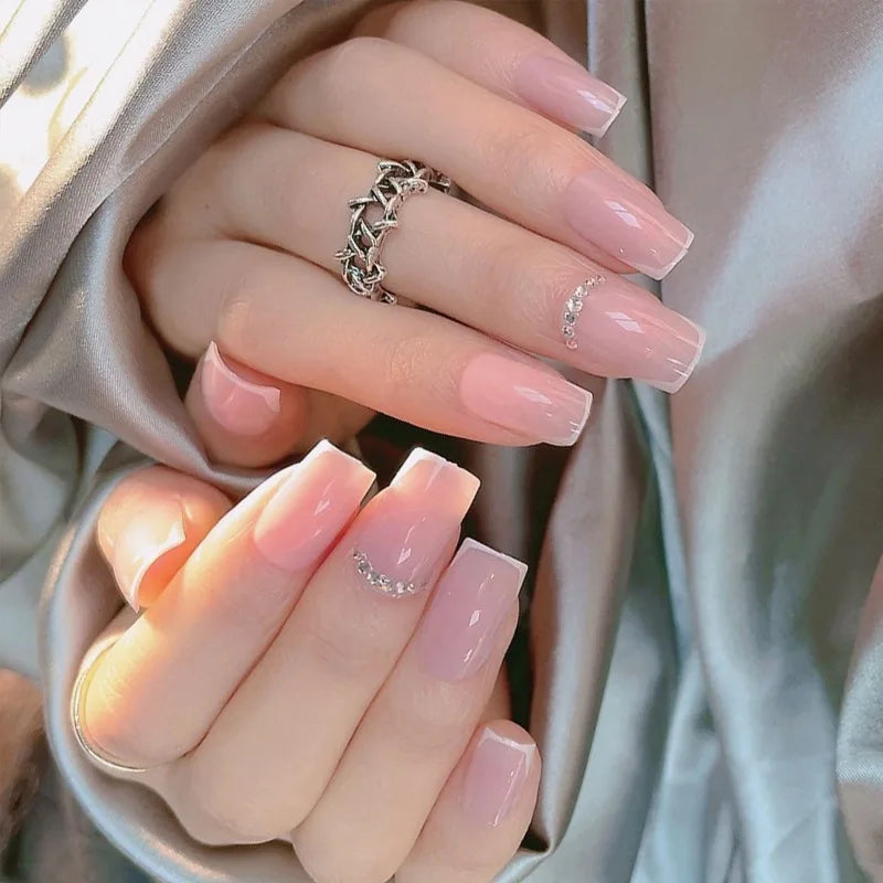 Short French Rhinestone False Nails – 24Pcs Handmade Set False Nail Set Nixie