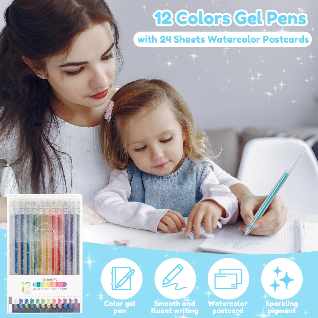 Metallic Gel Pens 12 Colors + 24 Watercolor Postcards Set Gel Pen Art Set Nixie