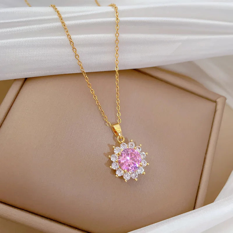 Flower Pendant Choker Necklace – Gold Stainless Steel & Zircon