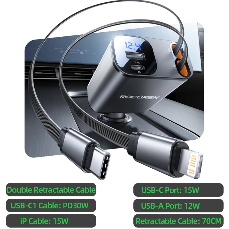Rocoren 4-in-1 PD 30W Car Charger – Digital Display & Retractable