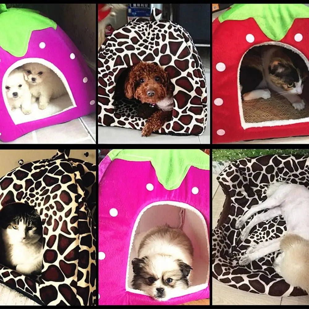Strawberry Foldable Pet Cave Bed with Cushion – S & L Sizes