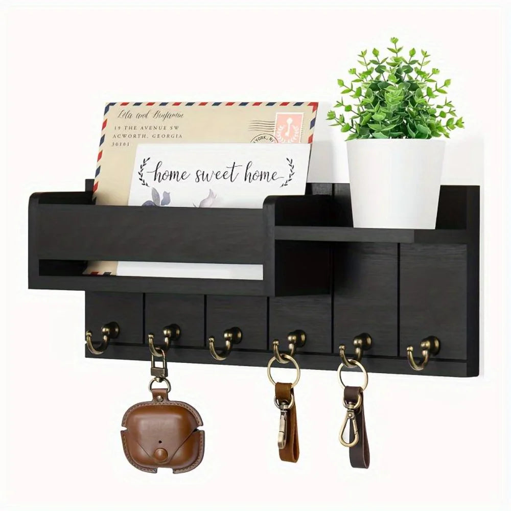 6-Hook Wooden Key Holder Wall Rack with Shelf & Mail Sorter