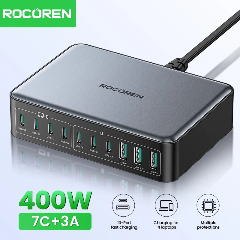 Rocoren 400W GaN Charger 10-Port USB-C Desktop Power Station GaN Desktop Charger Nixie
