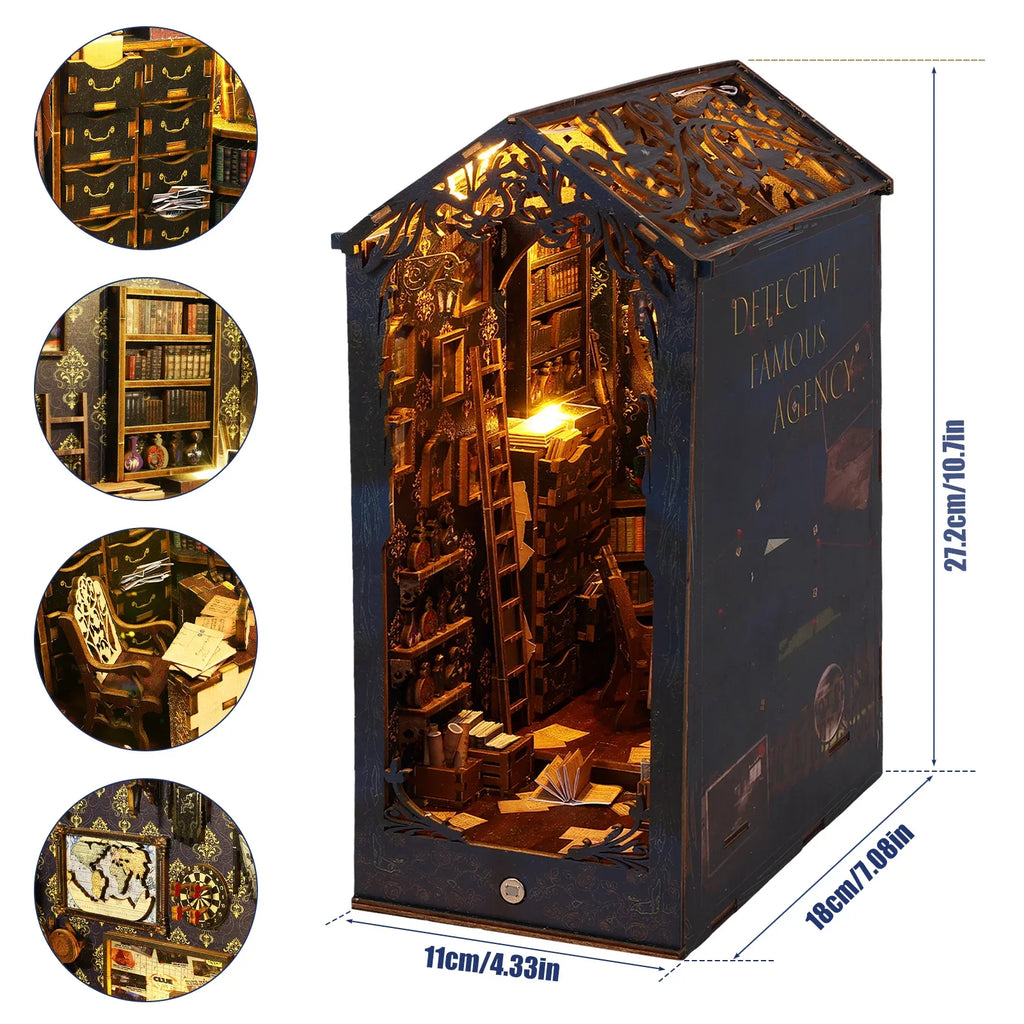 DIY Book Nook Kit 3D Wooden Puzzle Bookshelf Insert with LED Miniature Model Kit Nixie