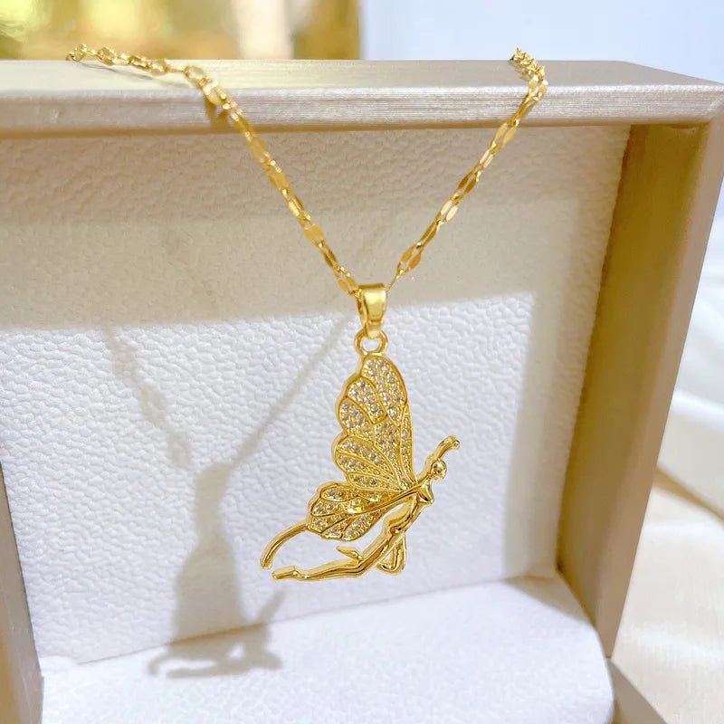 Butterfly Pendant Necklace Gold-Plated Zircon Clavicle Chain