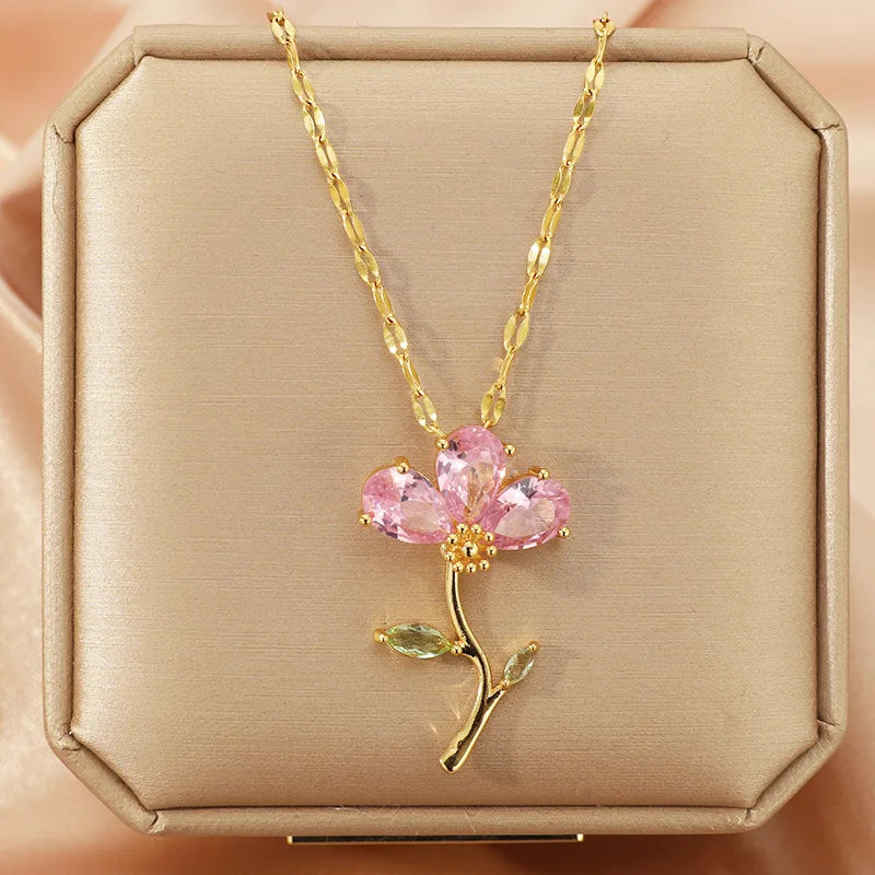 Pink Zircon Leaf Flower Choker Pendant Necklace | Nixie Pendant Necklace Nixie