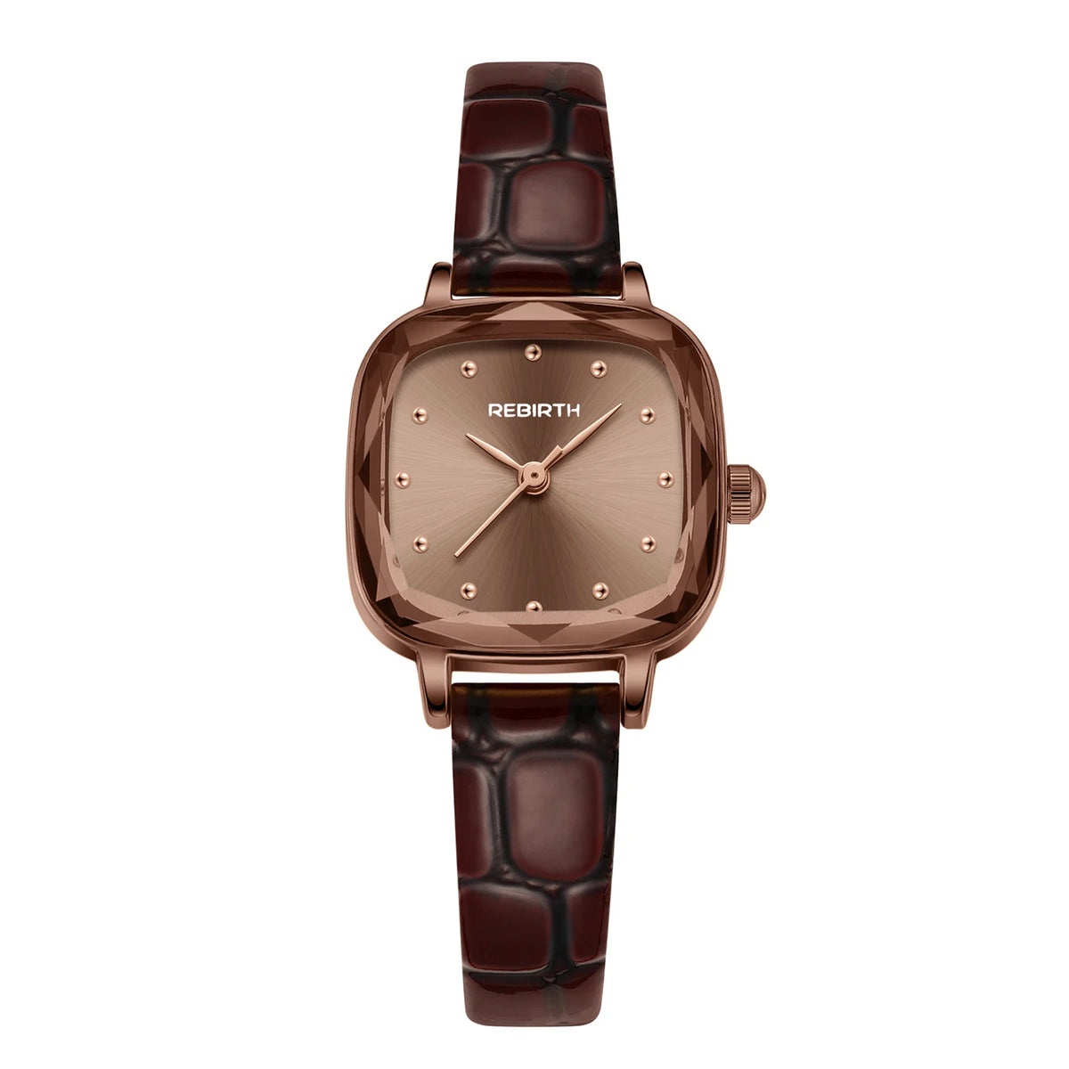 REBIRTH Ladies Leather Quartz Watch – Square Dial, Casual Style Ladies Quartz Watch Nixie