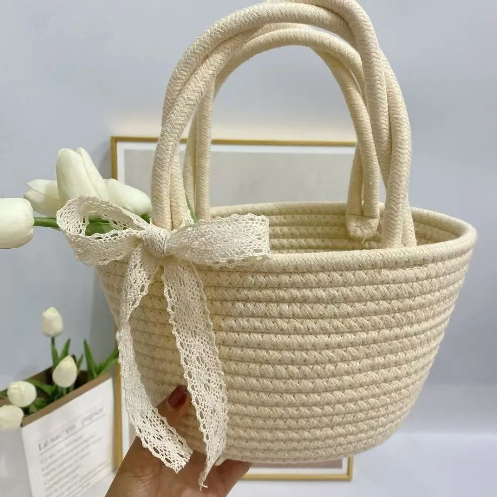 Boho Cotton Rope Woven Bucket Bag – Beach Tote Handbag Woven Bucket Handbag Nixie Beige