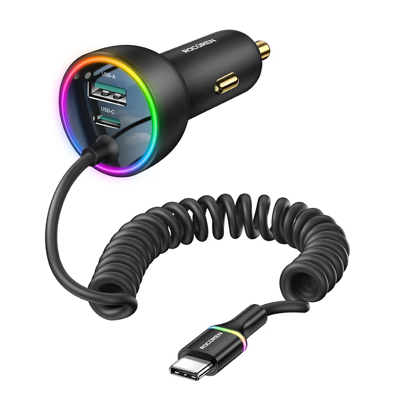 Rocoren 70W USB-C Car Charger + Spring Cable | Fast Charging