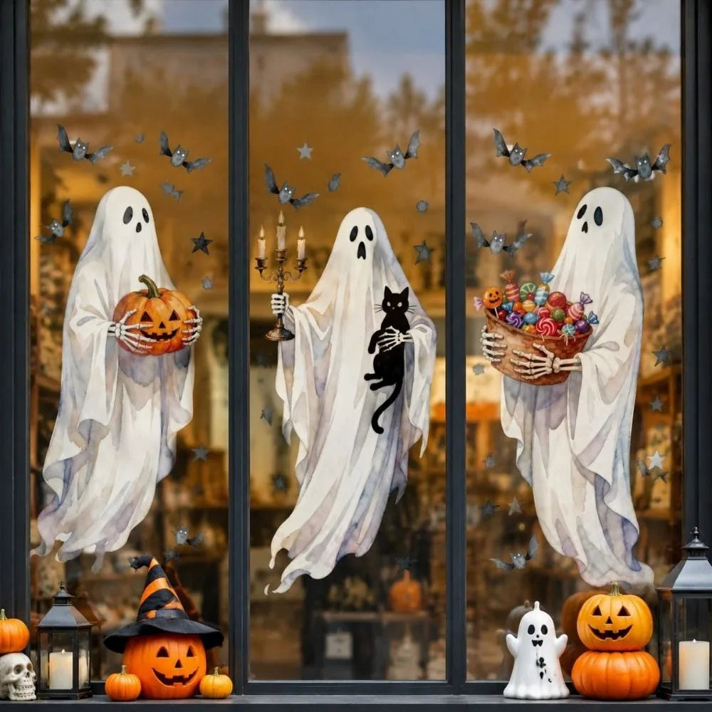 Halloween Window Stickers – Ghost, Pumpkin, Bat & Cat PVC