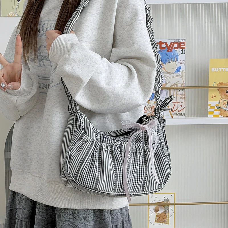 Blue White Plaid Lace Drawstring Crossbody Shoulder Bag