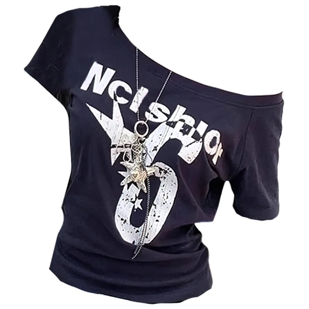 Y2K Off Shoulder Crop Top | Letter Print Skew Collar Tee