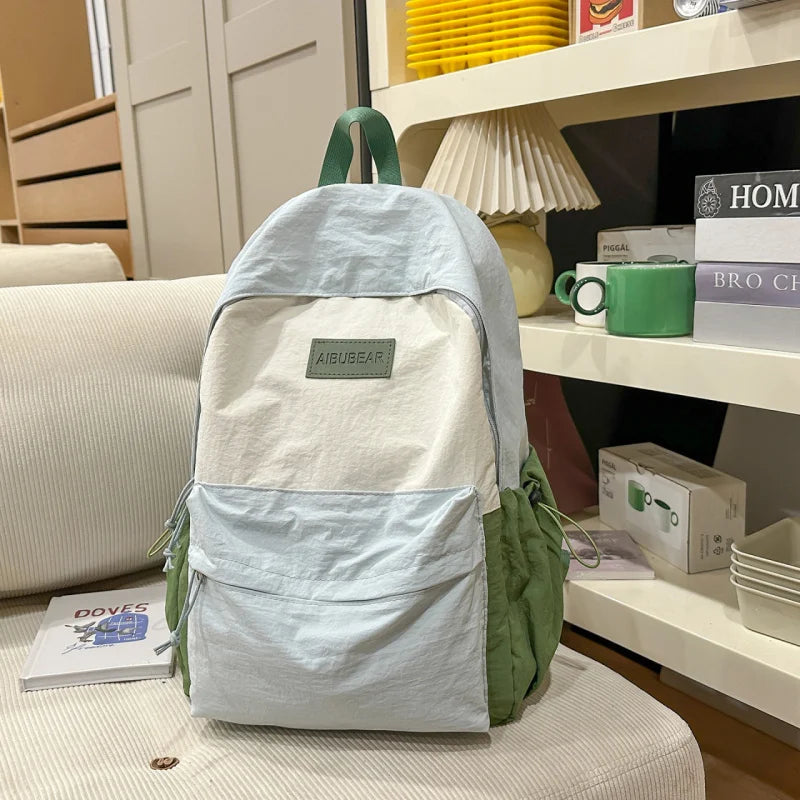 Color-Block Nylon Backpack – Large Capacity School Bag for Women