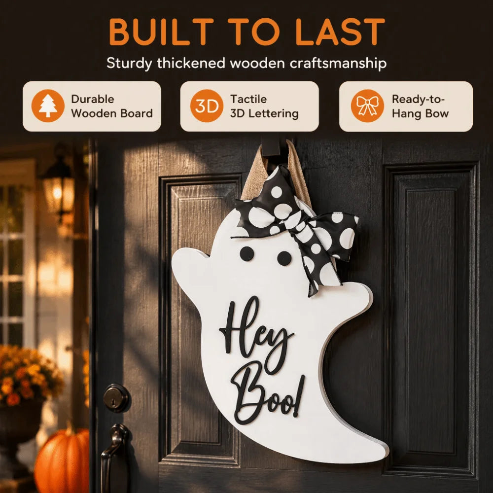 Halloween Ghost Door Hanger with Bow – Wooden Sign Décor Halloween Door Hanger Nixie
