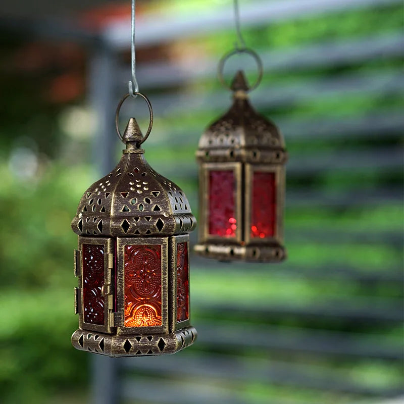 Moroccan Hanging Glass Candle Lantern | Iron Pendant Stand Candle Lantern Nixie