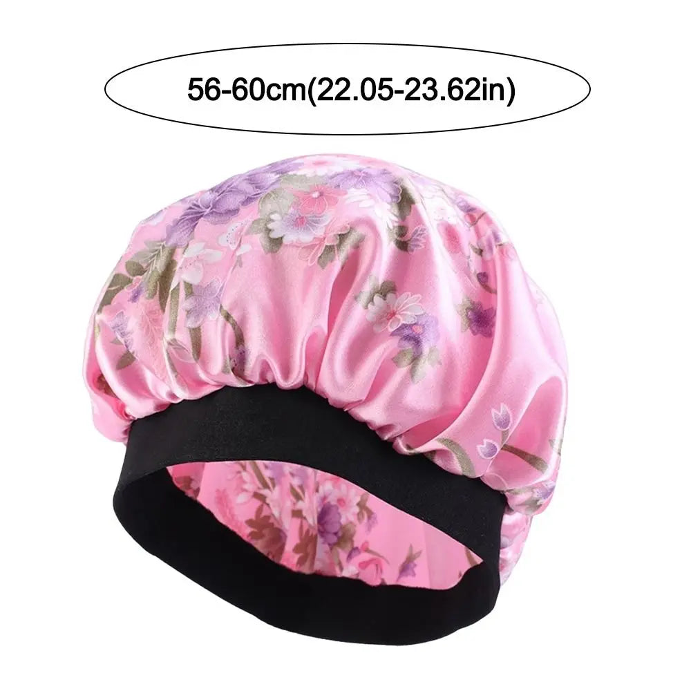 Floral Satin Sleep Bonnet – Elastic Wide Band Hair Wrap Cap