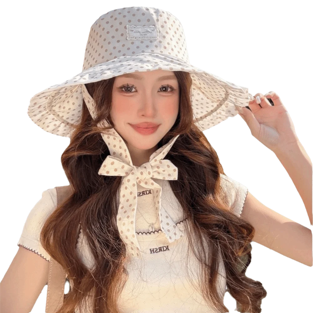 Women's Polka Dot Wide Brim Bucket Sun Hat with Ribbon Bucket Sun Hat Nixie