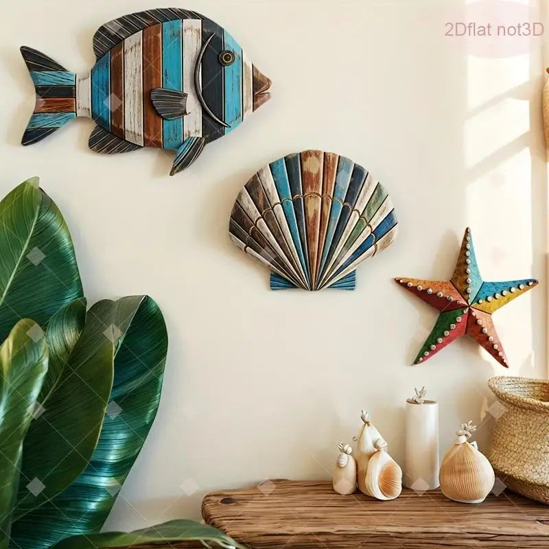 3-Piece Ocean Wooden Wall Art – Fish Shells Starfish Décor Set Wooden Wall Art Nixie