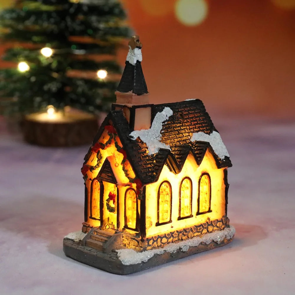LED Miniature Christmas Village House Resin Ornament Decor Christmas Village Ornament Nixie White-Black B