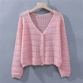 Women's Hollow Knit Sleeveless V-Neck Cardigan Sun-Proof Top Knit Sleeveless Cardigan Nixie One Size Pink-Long Sleeve