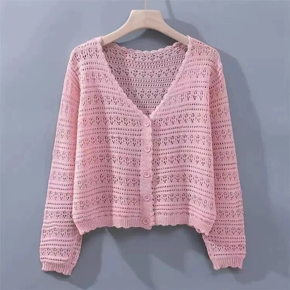 Women's Hollow Knit Sleeveless V-Neck Cardigan Sun-Proof Top Knit Sleeveless Cardigan Nixie One Size Pink-Long Sleeve