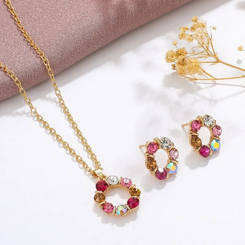 3-Piece Gold Necklace & Earrings Set – Circle Glass Diamond Jewelry Set Nixie