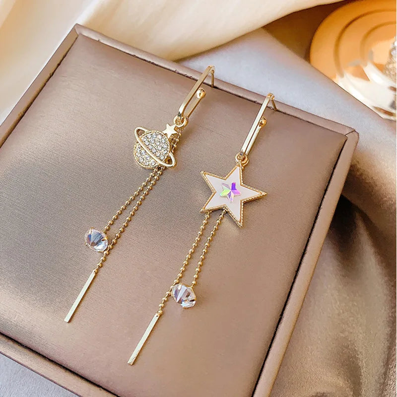 Pentagram Tassel Asymmetrical Drop Earrings – Gold Plated