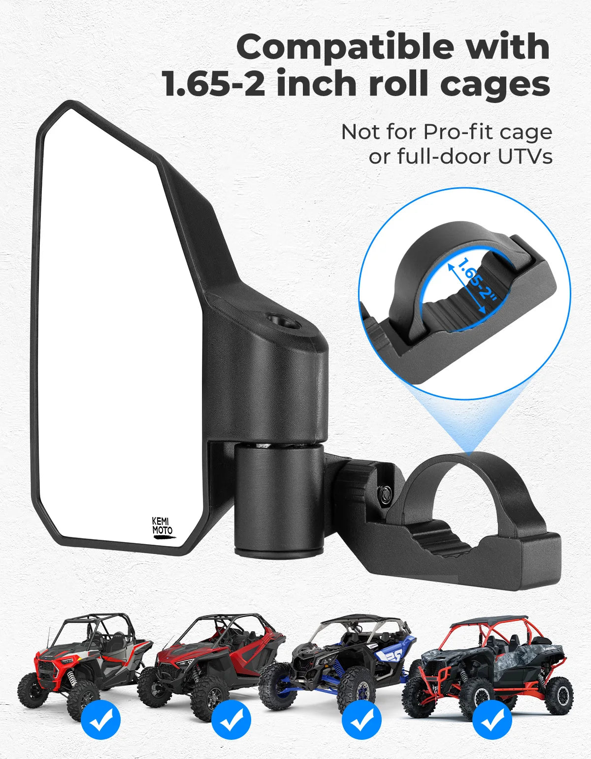 KEMIMOTO UTV Side Mirrors | Fits 1.65–2" Roll Cage | Pair UTV Side Mirrors Nixie