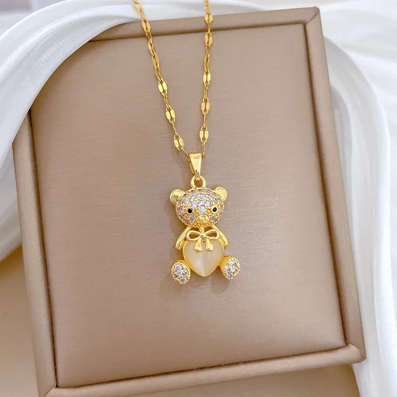 Heart Bear Pendant Choker Necklace – Gold Stainless Steel Pendant Necklace Nixie