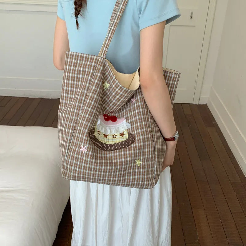 Embroidered Plaid Canvas Tote Bag – Large Women's Shoulder Bag Canvas Shoulder Tote Nixie Brown