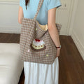 Embroidered Plaid Canvas Tote Bag – Large Women's Shoulder Bag Canvas Shoulder Tote Nixie Brown