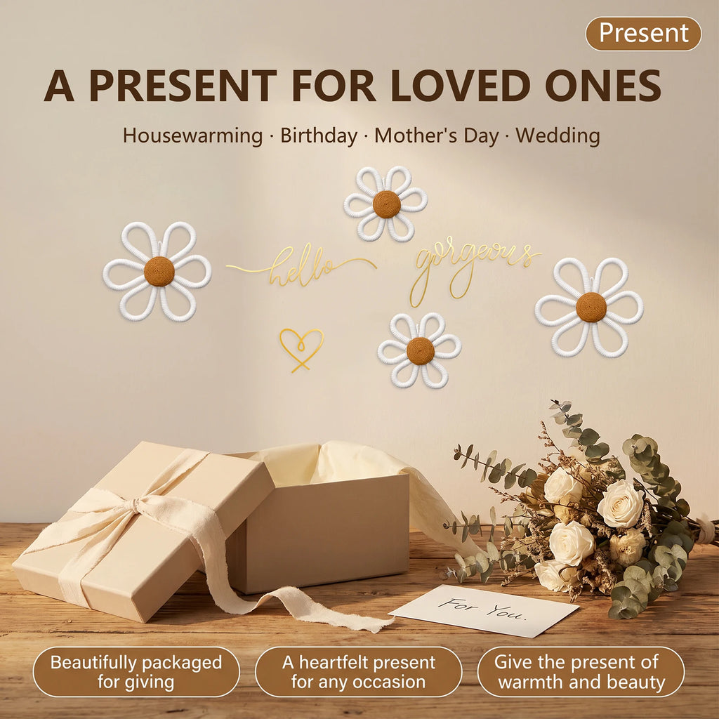 Boho Wall Decor Set – Metal Wire Signs, Heart & Daisy Ornaments