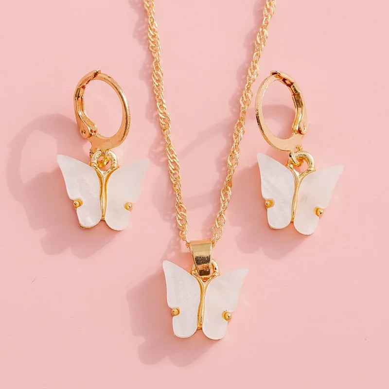 Butterfly Necklace & Earrings Set – 3-Piece Women's Jewelry Jewelry Set Nixie white