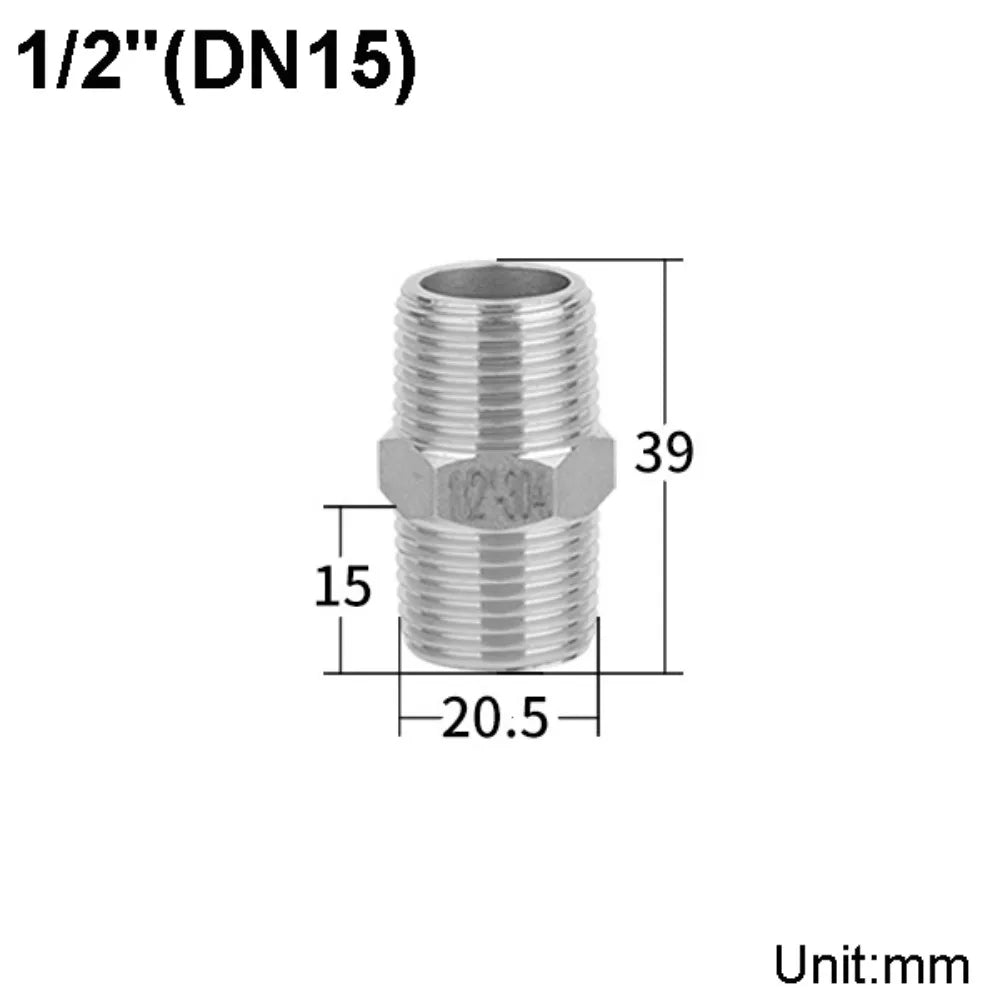 304 Stainless Steel Male Thread Hex Nipple Pipe Fitting 1/8"–1" Pipe Fitting Connector Nixie 1-2-