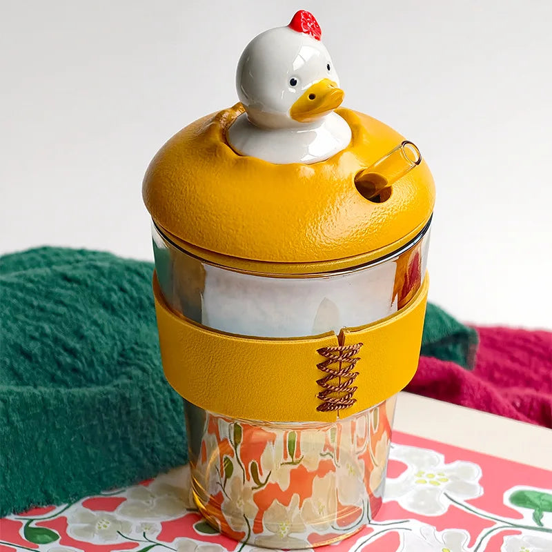 Happy Duck Glass Straw Cup 350ml – Tea Infuser with Lid Glass Straw Cup Nixie