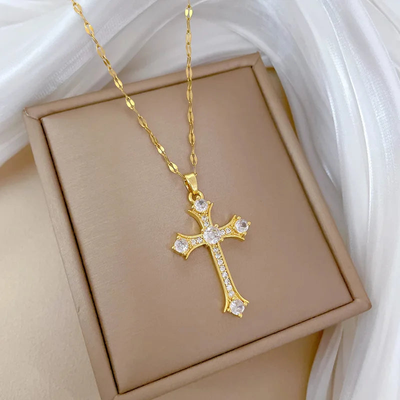 Gold Cross Pendant Necklace – Stainless Steel Choker for Women Pendant Necklace Nixie