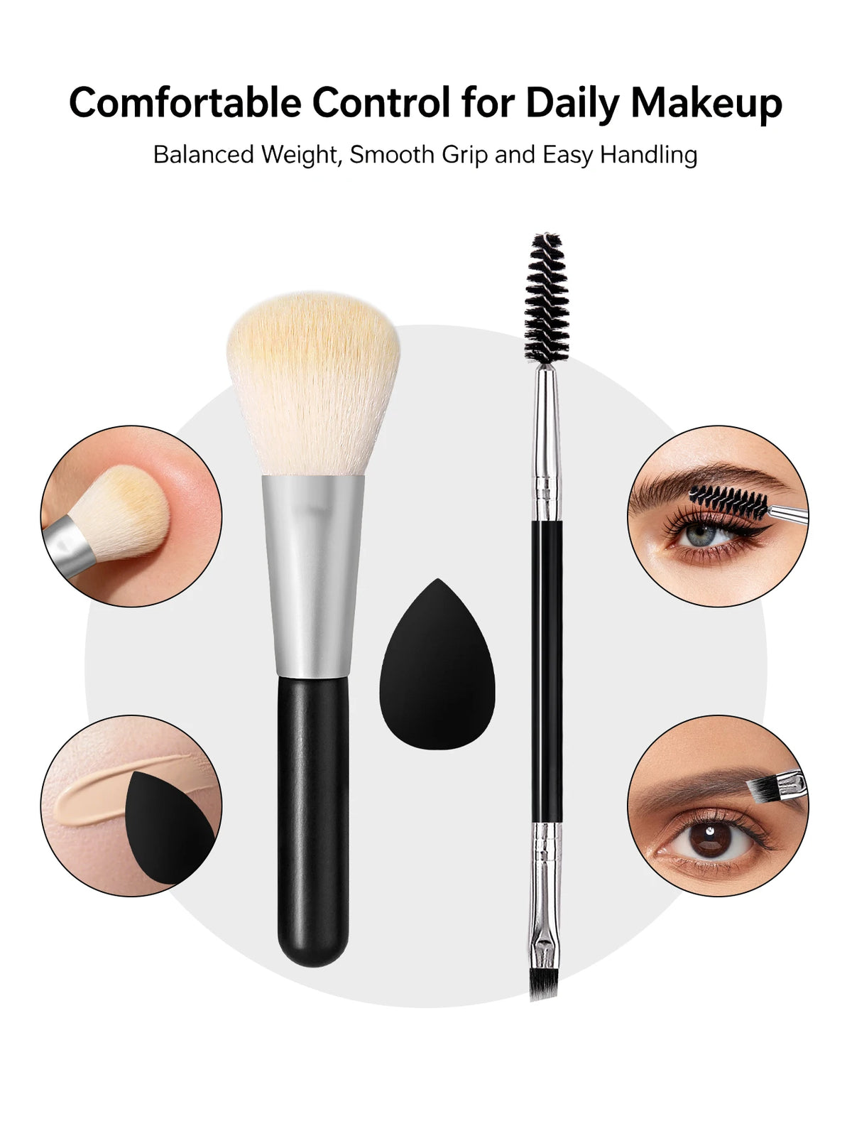 3-Piece Makeup Brush Set – Powder Brush, Eyebrow Brush & Puff Makeup Brush Set Nixie