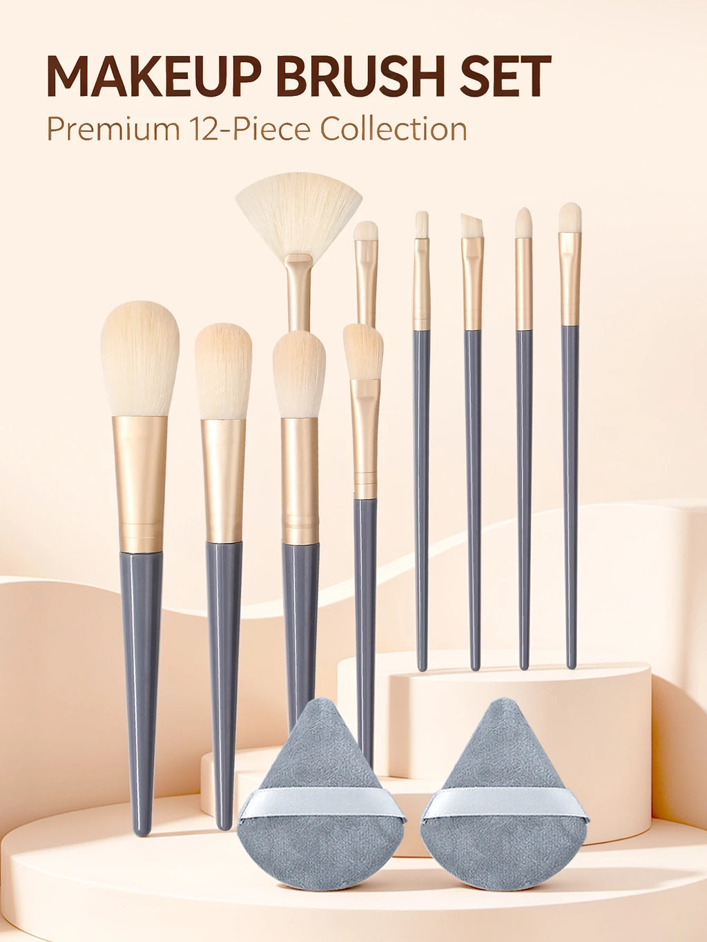 12Pc Professional Makeup Brush Set with 2 Triangle Puffs Makeup Brush Set Nixie