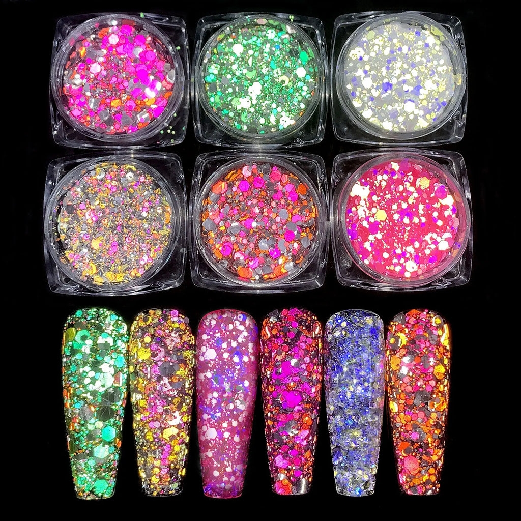 6-Color Holographic Diamond Nail Glitter Powder – Iridescent Set Nail Glitter Powder Nixie