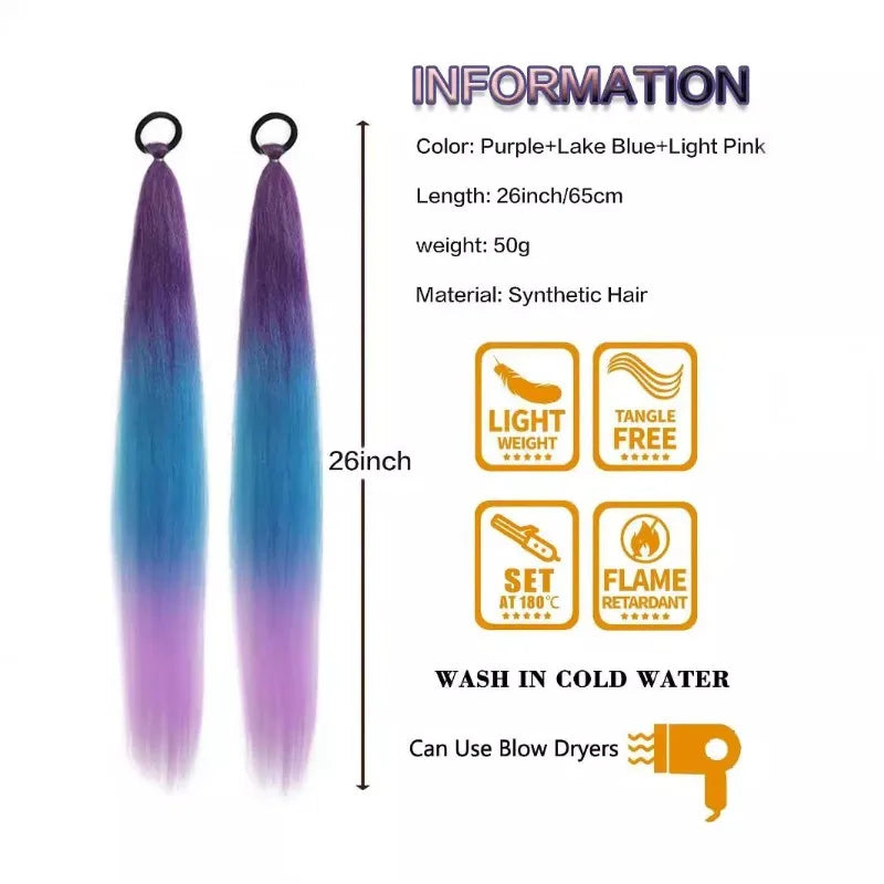 26" Synthetic Ponytail Extension Ombre Pink Purple Blue | Kanekalon Ponytail Hair Extension Nixie