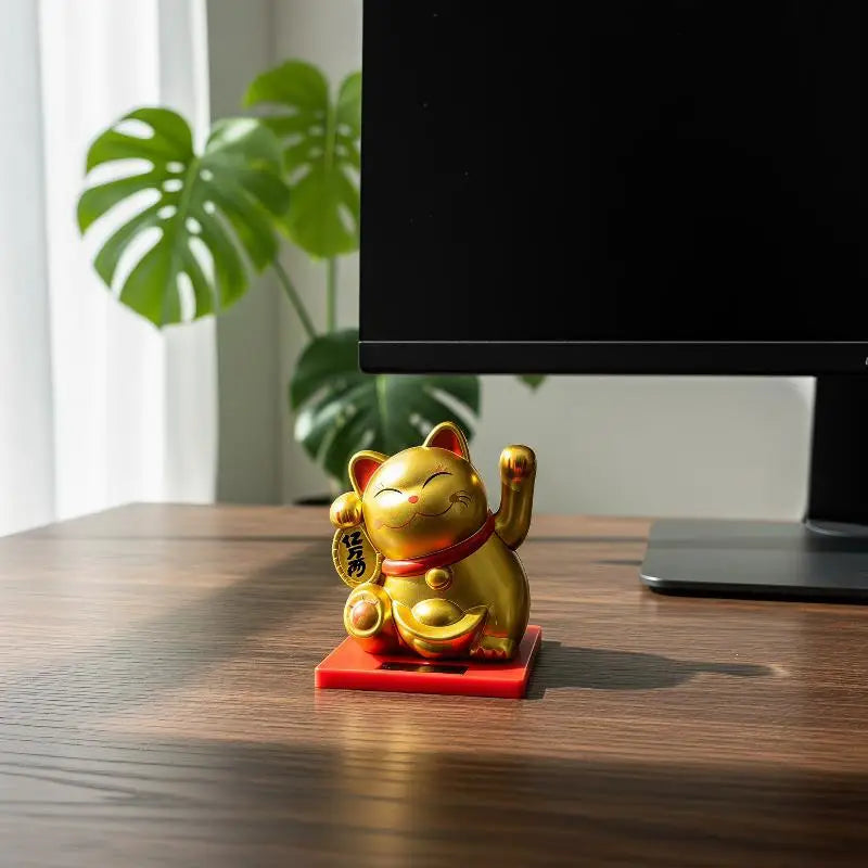 Solar Powered Waving Lucky Cat Figurine – 2" Desk Ornament Desk Figurine Ornament Nixie