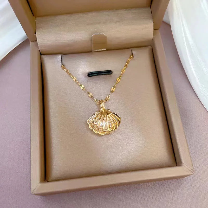 Zircon Shell Pearl Clavicle Necklace – Gold Stainless Steel Pendant Necklace Nixie