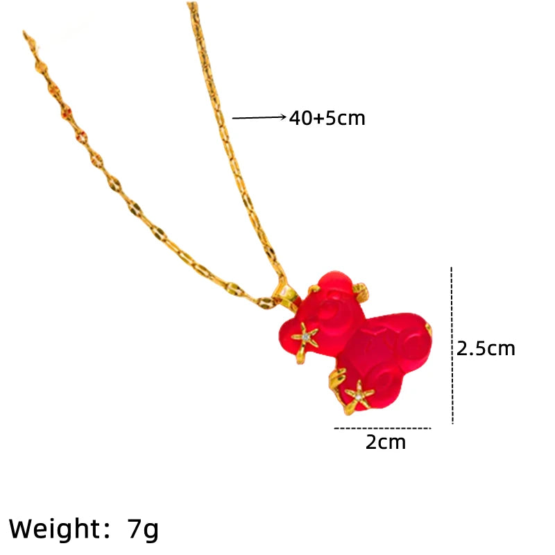 Resin Bear Lip Chain Necklace | Cubic Zirconia Gold Women