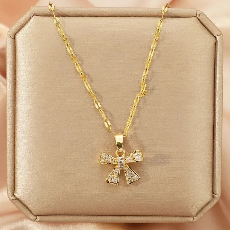 Gold Butterfly Zircon Pendant Necklace | Copper & Steel Chain Pendant Necklace Nixie