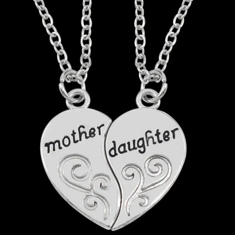 Mother Daughter Antique Silver Heart Pendant Necklace Set 2pcs Pendant Necklace Set Nixie