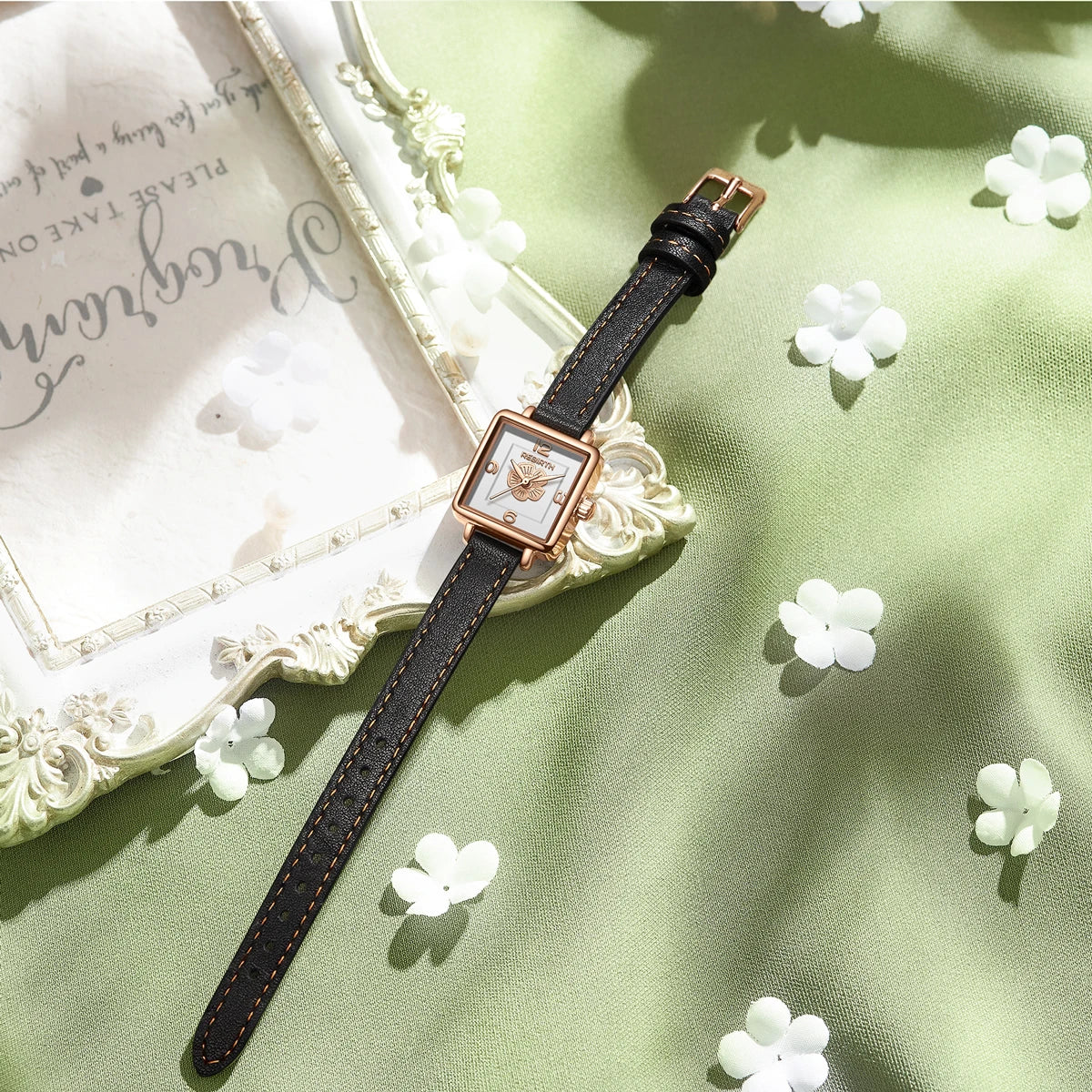 REBIRTH Floral Quartz Watch – Casual Leather Strap, 3Bar Quartz Wristwatch Nixie