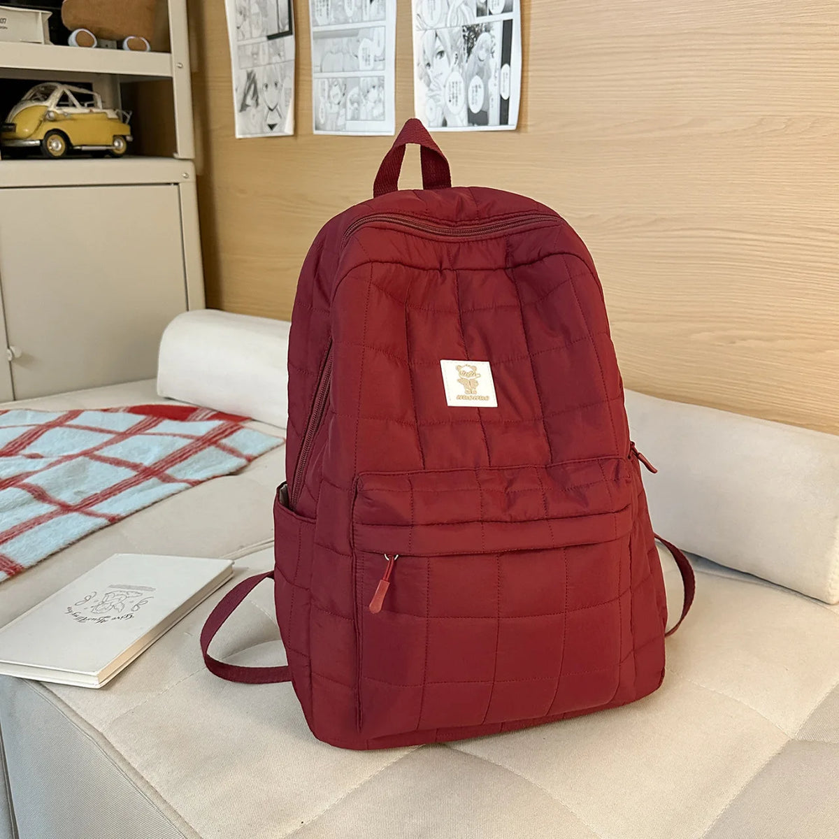Korean Minimalist Flannel Backpack – Unisex Casual Daypack