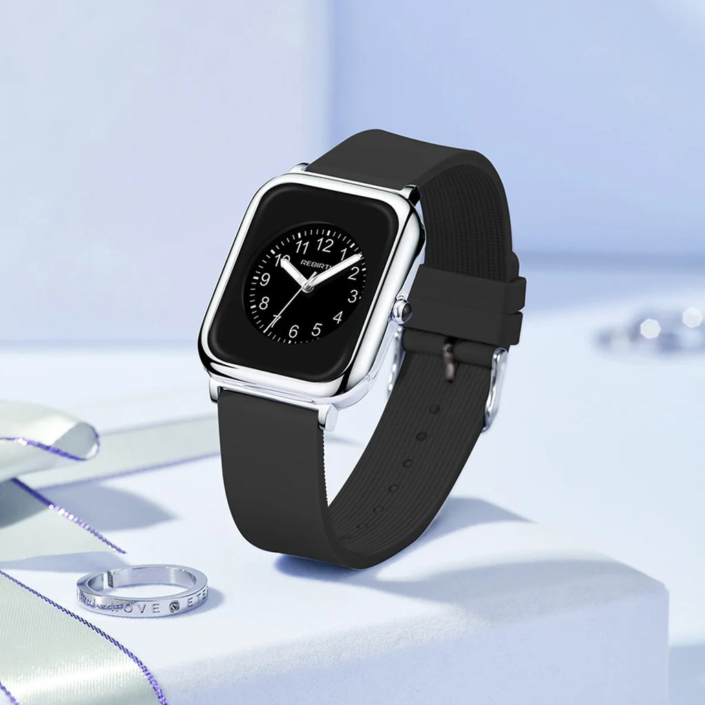 REBIRTH Retro Square Quartz Watch – Silicone Band, 3 Bar Quartz Wristwatch Nixie